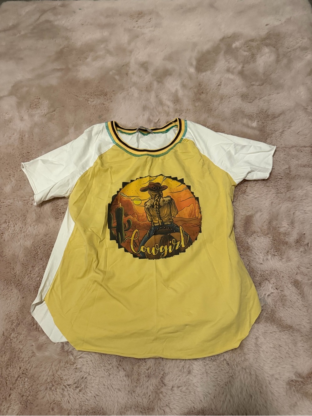 Elila Yellow Front White Sleeve Cowgirl Graphic Raglan Tee